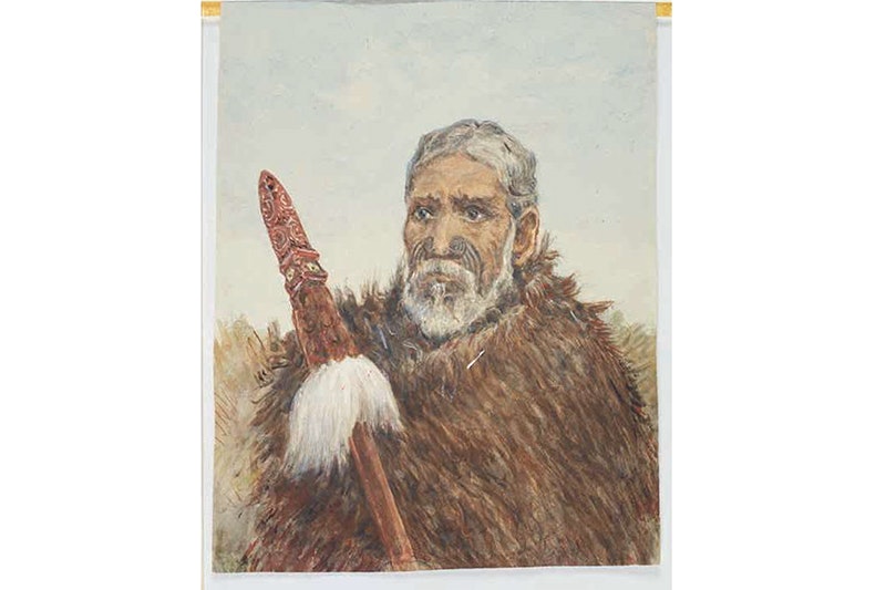 A painting of a Māori chief wearing a cloak and holding a taiaha.
