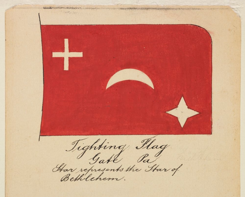A watercolour of a red flag with a cross, a crescent moon, and a star on it. There is writing underneath that says "Fighting Flag, Gate Pa, Star represents the star of Bethleheem.