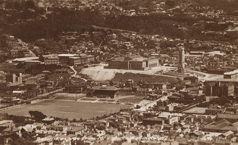 Aerial view of the Basin Reserve, the Carillon, and the old Dominion Museum building