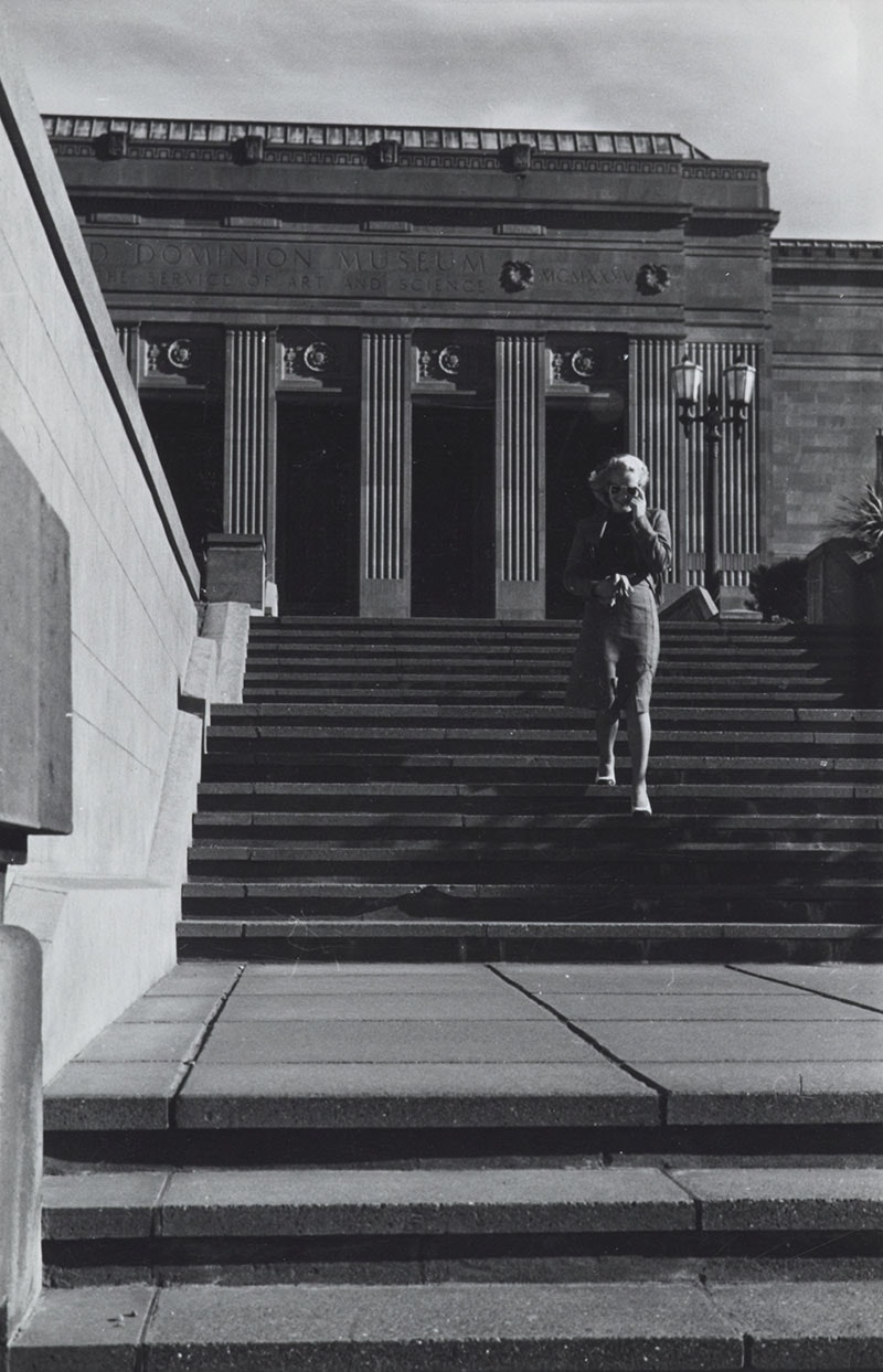 View of Eric's wife Vivienne as seen walking down a set of steps that lead to the entrance to the National War Memorial (the Carillion); in sight in the background here is the front entrance to the National Museum (built in 1936).