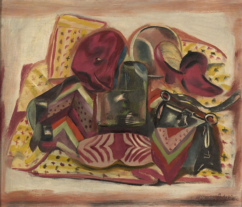 Still-life painting depicting various personal items including a handbag, scarf, hat, and mirror