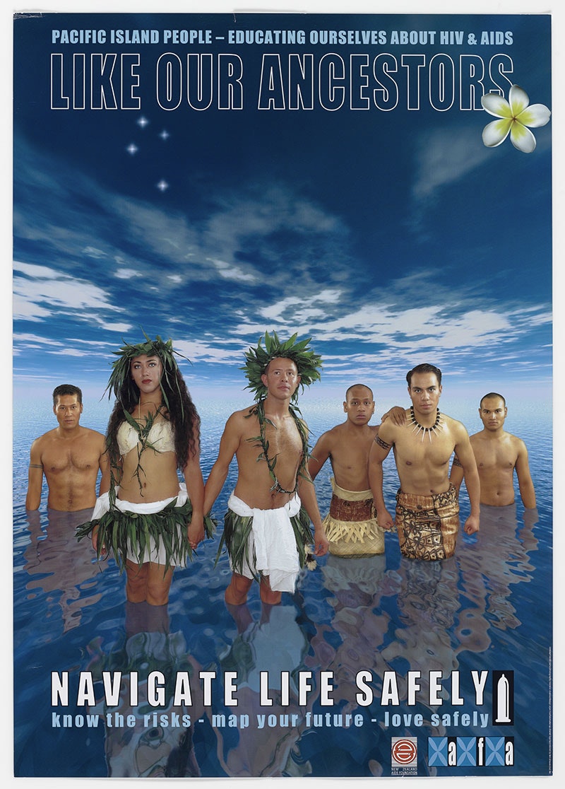 Poster featuring six people in traditonal Pacific clothing standing in a vast expanse of water with a vast skuy above them. The poster features the words ‘Like out ancestors navigate life safely’