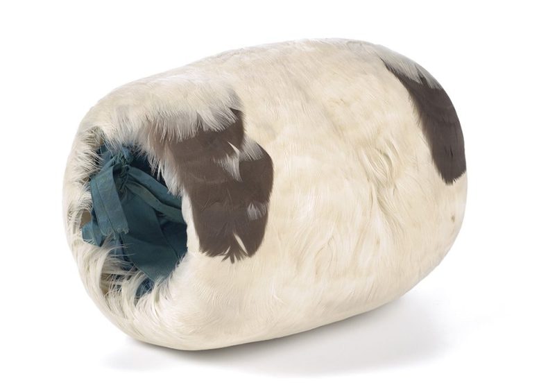 A white, grey and blue feather muff