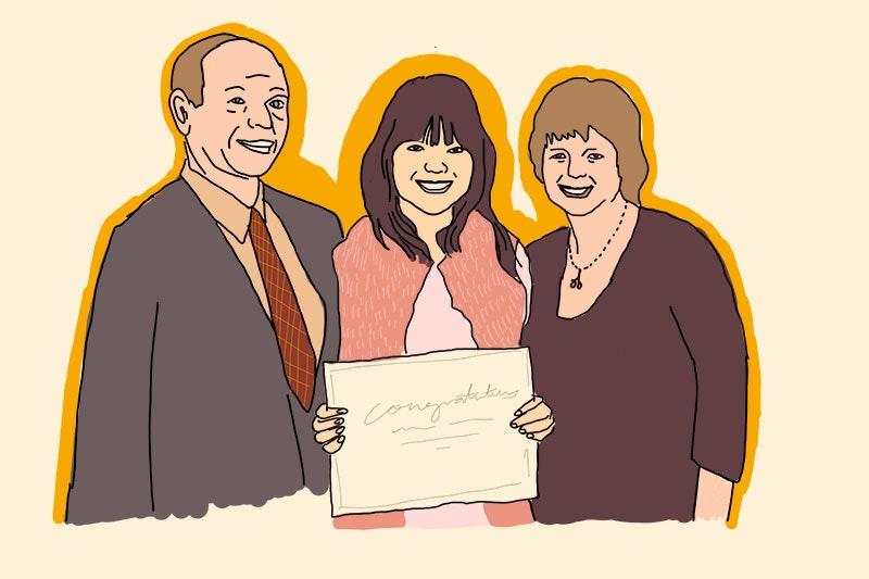 An illustration depicting a young woman and her parents on graduation day