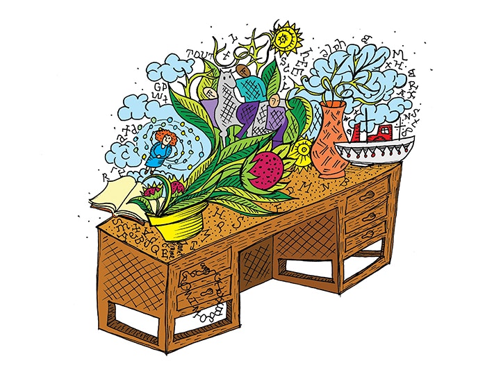 Writers on Mondays, illustration by Greg O’brien Illustration of a desk with colourful swirly images 'growing' off it.