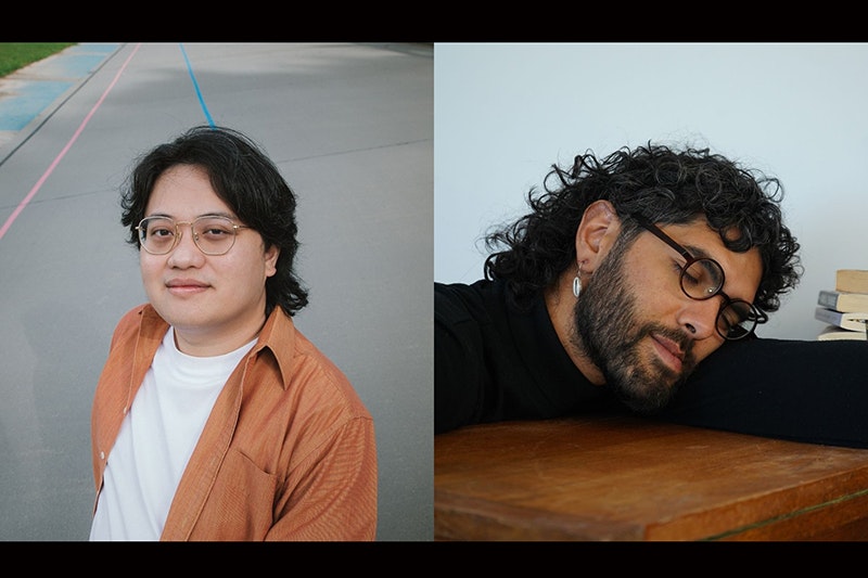 Left: Joseph Trinidad photo credit Ebony Lamb, right: Shariff Burke, photo by Kaung Htet A split image of two people. Left is a head and shoulders photo of someone standing on a road, the right is a bearded man with his eyes closed resting his head on his arm on a table.