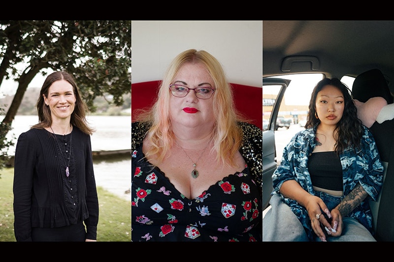 Left: Airini Beautrais, photo by Skye Boniface. Centre: Helen Rickerby, photo by Kathleen Winter. Right: Haro Lee, photo by Julie Zhu An image split into three of three women all looking at the camera. One is outside, one is on a sofa, one is in a car.