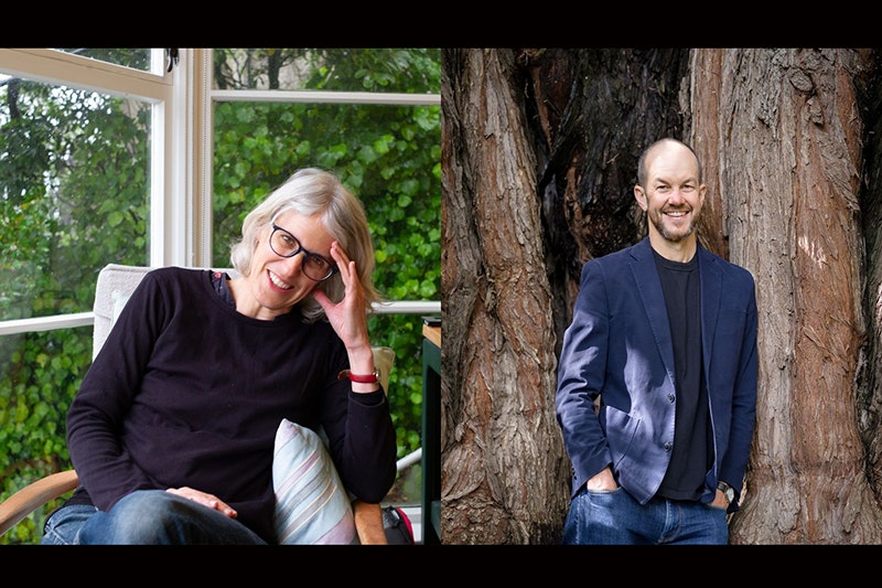 Left: Ingrid Horrocks, photo by Robert Cross. Right: Lawrence Patchett, photo by Janneth Gil Split photo of two people smiling at the camera. One is sitting down inside, and one is standing by a tree.