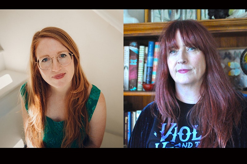 Left: Claire Mabey. Photo by Ebony Lamb. Right: Rachael King, photo courtesy of the author Two head-and-shoulder photos of two long-haired women.
