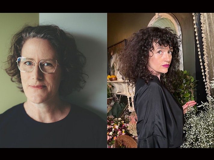 Left: Kate Camp, photo by Ebony Lamb. Right: Noelle McCarthy, photo by Kristine Crabb A split image of two women posing and looking at the camera.