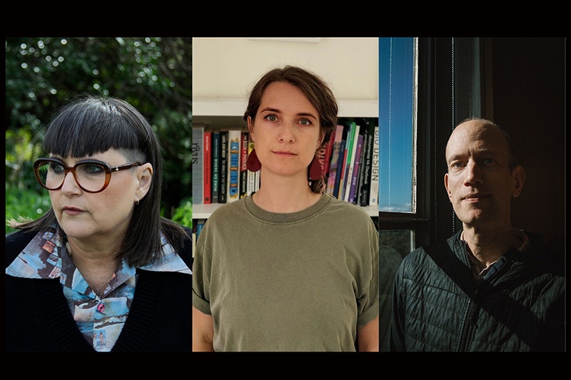 Left: pip adam, photo by Rachel Lynch. Centre: Terri Te Tau, photo courtesy of author. Right: Tim Corballis, photo by Ebony Lamb Split image of three head-and-shoulders photos of three people.