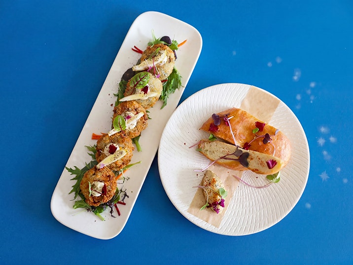 Matariki Specials at Te Papa Cafe, June 2026. Photo by Lucho Arca. A top-down view of two white plates of food on a blue background.