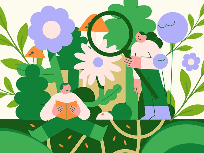 Illustration by Te Papa A stylised illustration of someone reading and someone standing with over-sized flowers and plants.