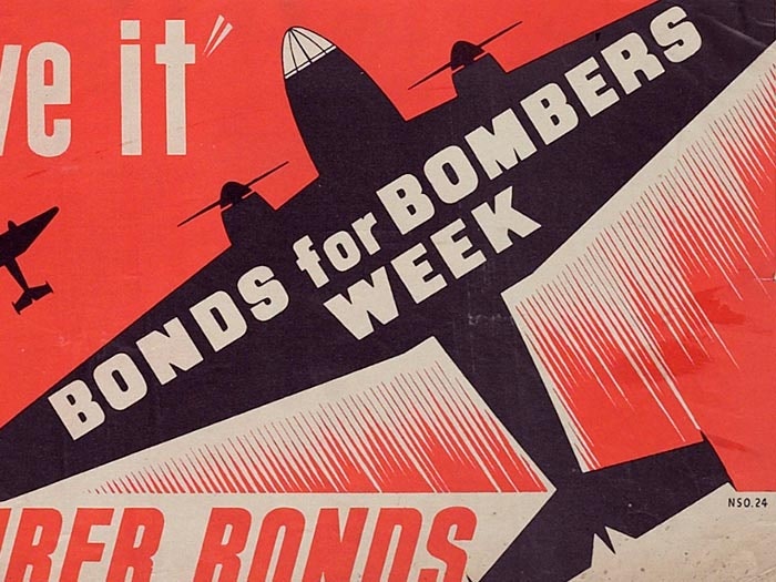 Poster, "We can give it", March 1942, Wellington, by N.Z. National Savings Committee, Gordon H. Burt Ltd. Gift of Mr C H Andrews, 1967. Te Papa (GH016279) Bomber bonds poster