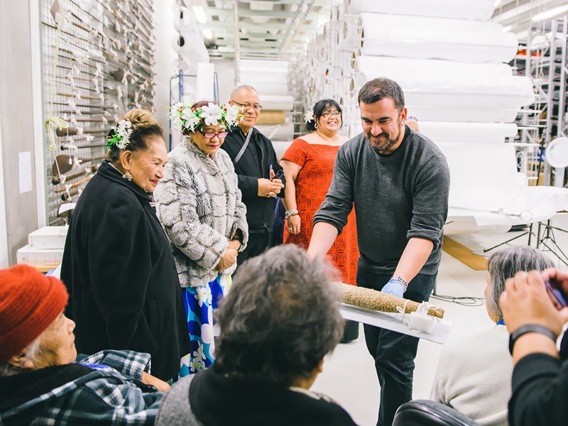 Senior Curator Pacific Cultures Sean Mallon, Pacific Collection Store Tour, 2016. Photo by Amanda Rogers. Te Papa A tour in the Pacific collection store