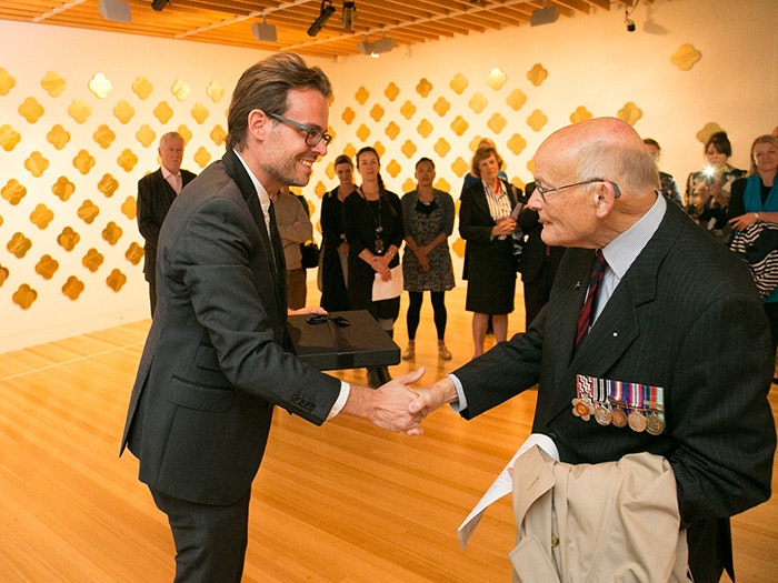 Max Gimblett Remembrance exhibition, 2016. Photograph by Michael Hall © Te Papa A veteran at the opening of the Max Gimblett Remembrance exhibition