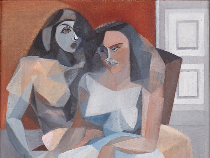 Crop from Louise Henderson, Les deux amies (The two friends), 1953 (detail), oil on canvas. Purchased 2011, with the assistance of the Molly Morpeth Canaday fund. Te Papa (2011-0012-1) Abstract painting of two people