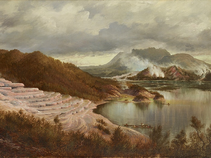 The Terraces by Charles Blomfield, 1885, oil on canvas. Te Papa (1992-0035-1647) Oil on canvas painting of the Pink Terraces 1885