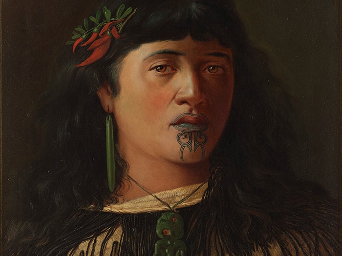 Louis John Steele, Portrait of a young Maori woman with moko, 1891, oil on canvas. Te Papa (1995-0015-1) Oil painting titled Portrait of a young Maori woman with moko