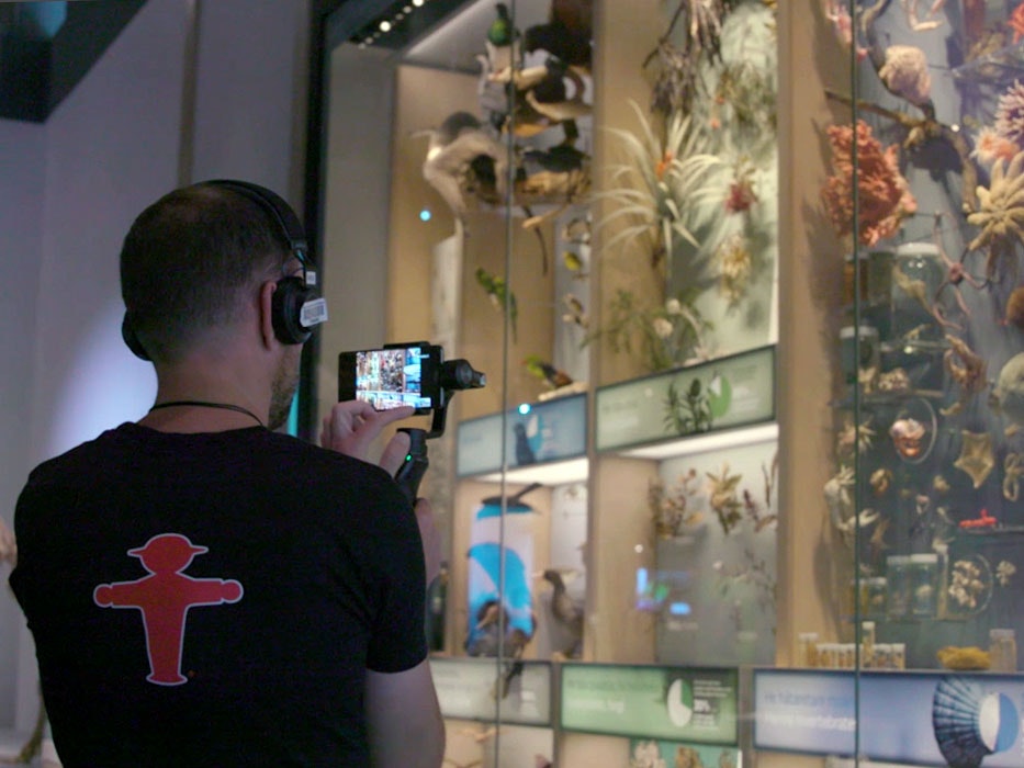 A man holds films a museum display on his phone, he's wearing headphones