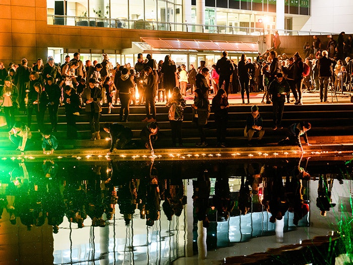 People light tea lights and put them on the pond outside of Te Papa, 2017. Te Papa People light tea lights and put them on the pond outside of Te Papa