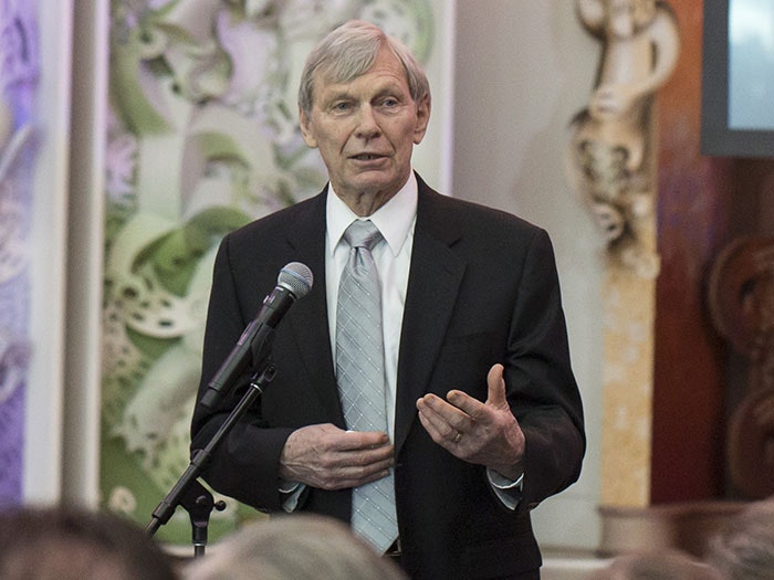 Sir Peter Snell speaks during a powhiri in his honour, 2017. Te Papa peter_snell_marae_700x525.jpg