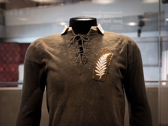 The jersey George Nepia wore during the All Blacks’ 1924 tour of Britain, France, and Canada. They won every game, immortalising the team as the ‘Invincibles’. Photograph by Rachael Hockridge. Te Papa