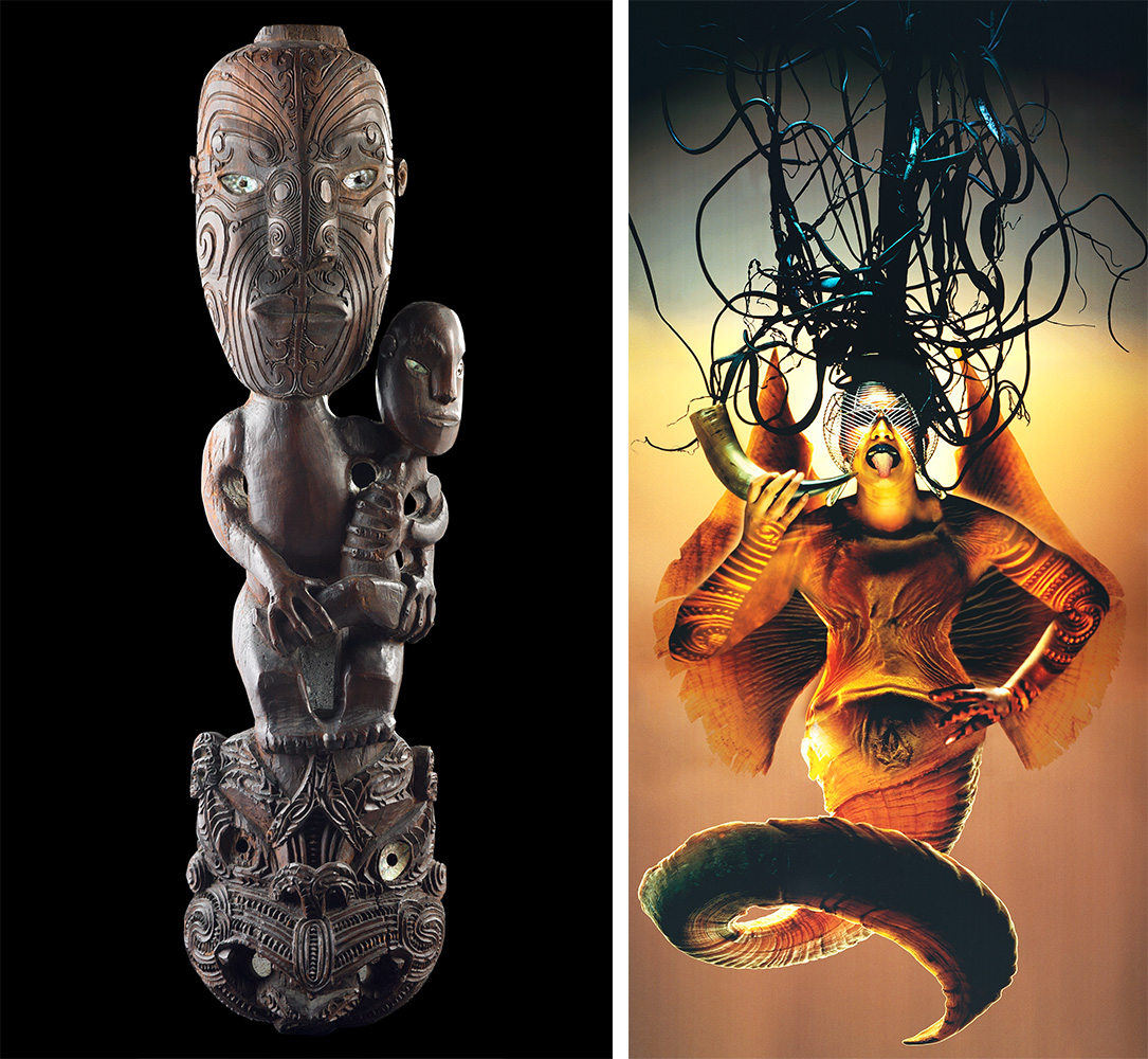 A Māori figure carving juxtaposed next to an image by modern artist Lisa Reihana of a female mythical figure