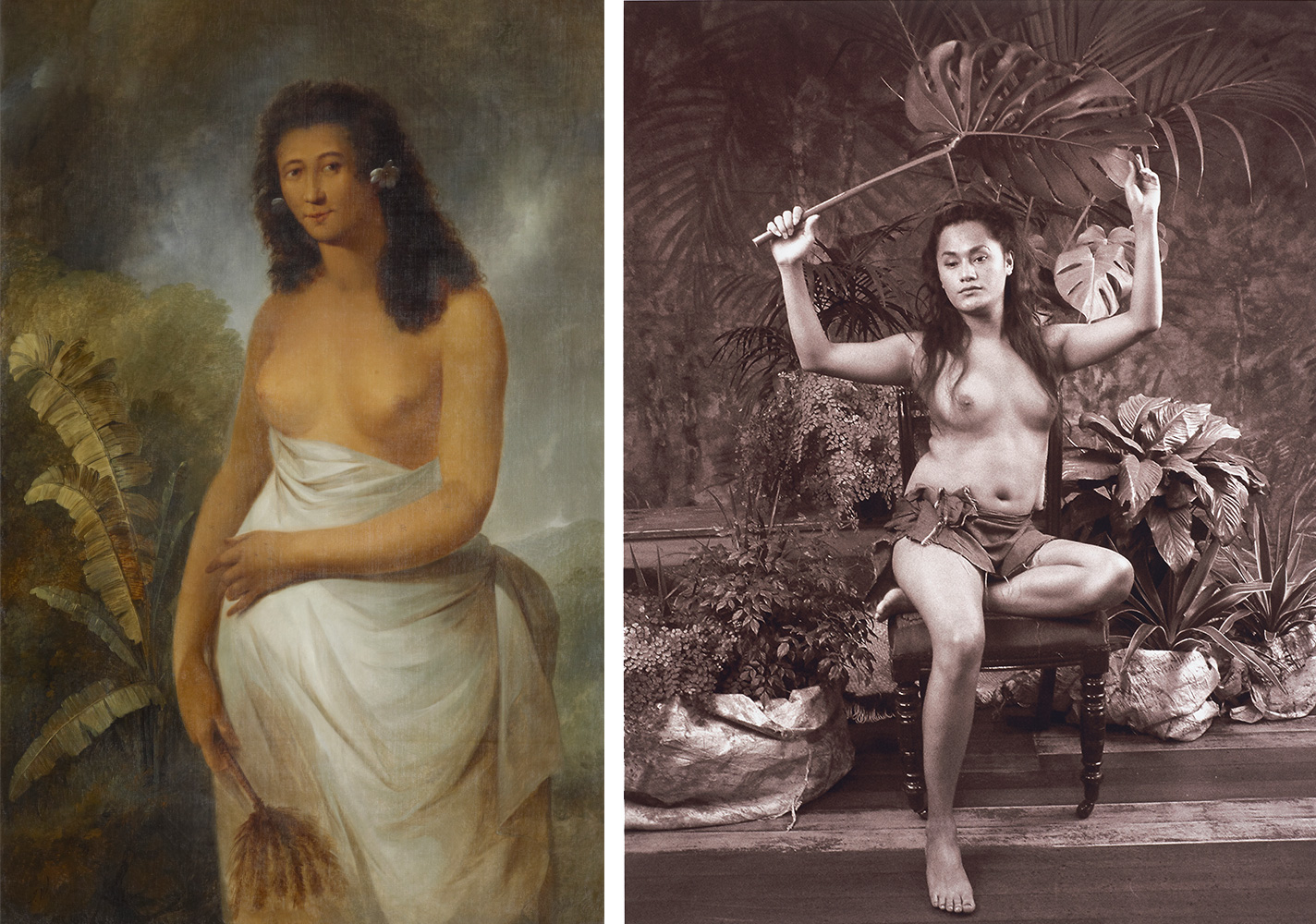 A painting of a bare-chested lady from the society islands next to a photograph of a Samoan lady half-dresses