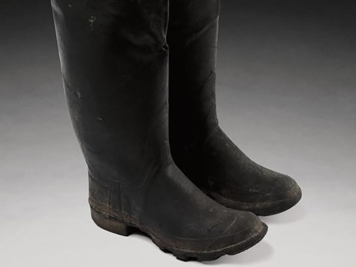Gumboots, 1973, New Zealand, by Skellerup Industries Limited. Gift of John Clarke, 2002. Reproduced courtesy of John Clarke. Te Papa (GH014297) Green dirty gumboots