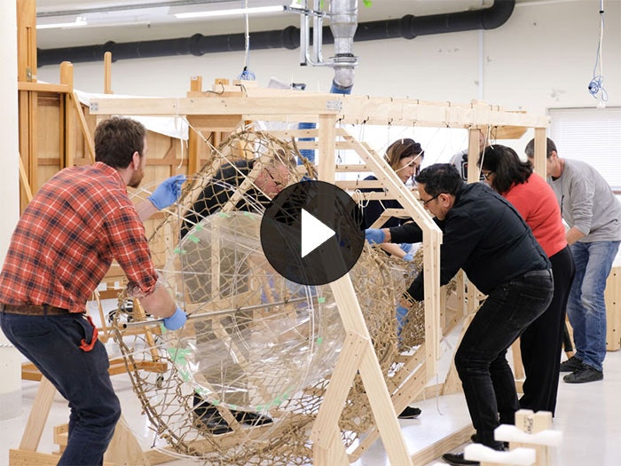 Putting a mount inside a hīnaki, 2017. Photograph by Rachael Hockridge. Te Papa A number of people insert a special mount inside a big eel net
