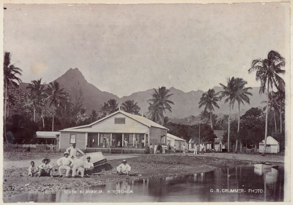 A village scene with mountains and palm trees