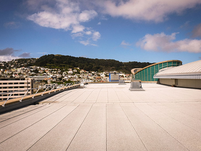 Te Papa's rooftop, a largely flat space with Mt Victoria in the distance