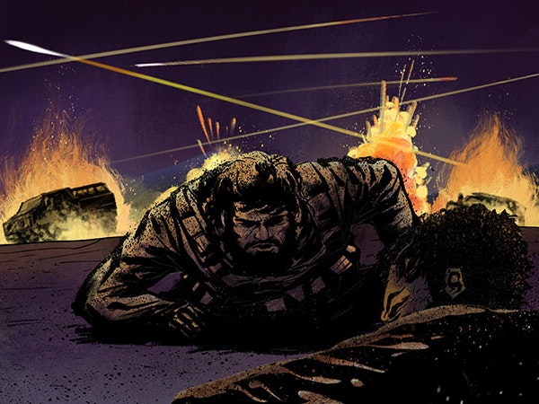 Ko te Whakatau Nui a Willie Apiata | Willie Apiata and the Tough Decision An illustration of a soldier crawling through battle