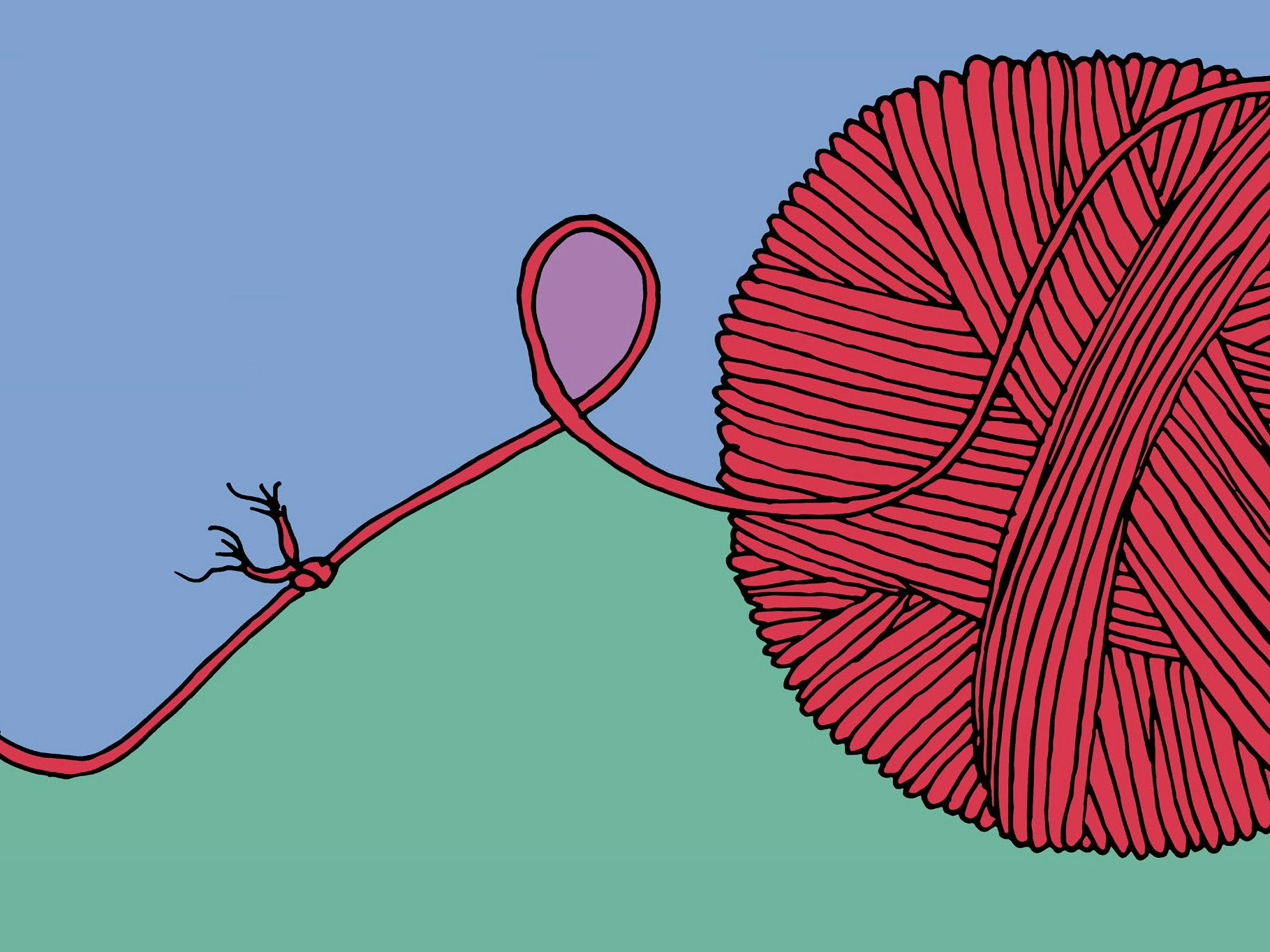 asian-mental-health-zine_tile.jpg An illustration of a red ball of string on a blue and green background. Part of the string is tied in a not