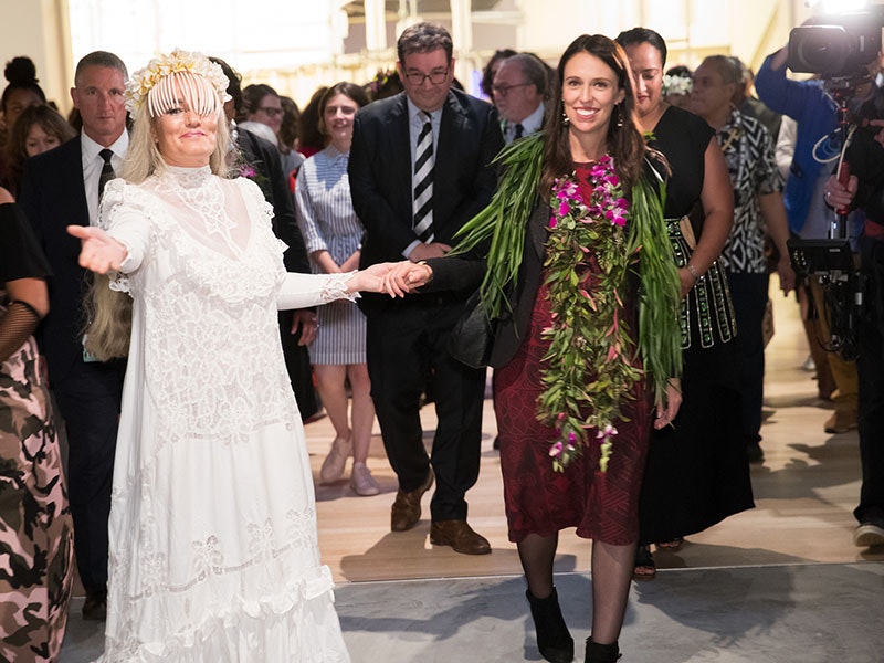 Artist Ani O’Neil leads Prime Minister Jacinda Ardern into Toi Art at Te Papa. Photograph by Kate Whitley. Te Papa