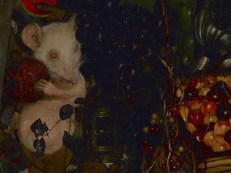 Frank Craig, Goblin market (detail), 1911, oil on canvas. Te Papa (1912-0021-11) Close-up of a section of Goblin market showing a white mouse holding a piece of fruit