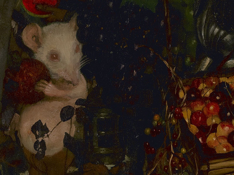 Close-up of a section of Goblin market showing a white mouse holding a piece of fruit