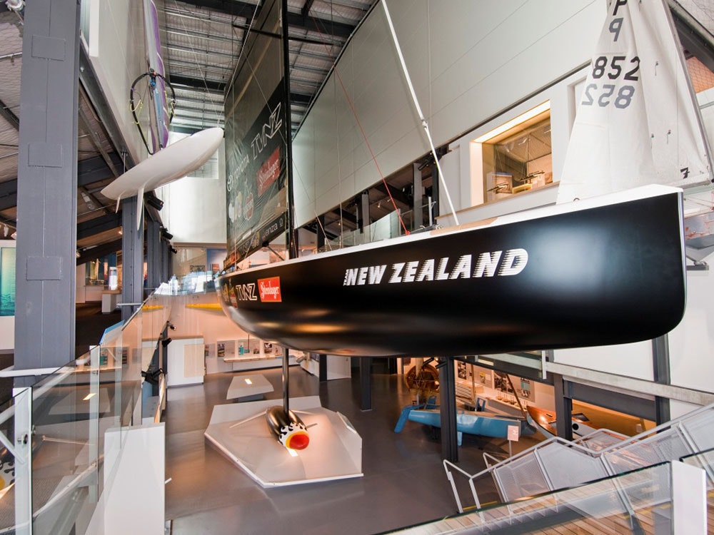 NZL32, also known as ‘Black Magic’, on display in the New Zealand Maritime Museum in Auckland. Photograph by Michael Woods, courtesy of the New Zealand Maritime Museum Black Magic sailing boat