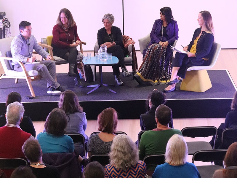 Art and Wellbeing: Panel Discussion, 2018. Te Papa Five people sit on chairs on stage in front of an audience