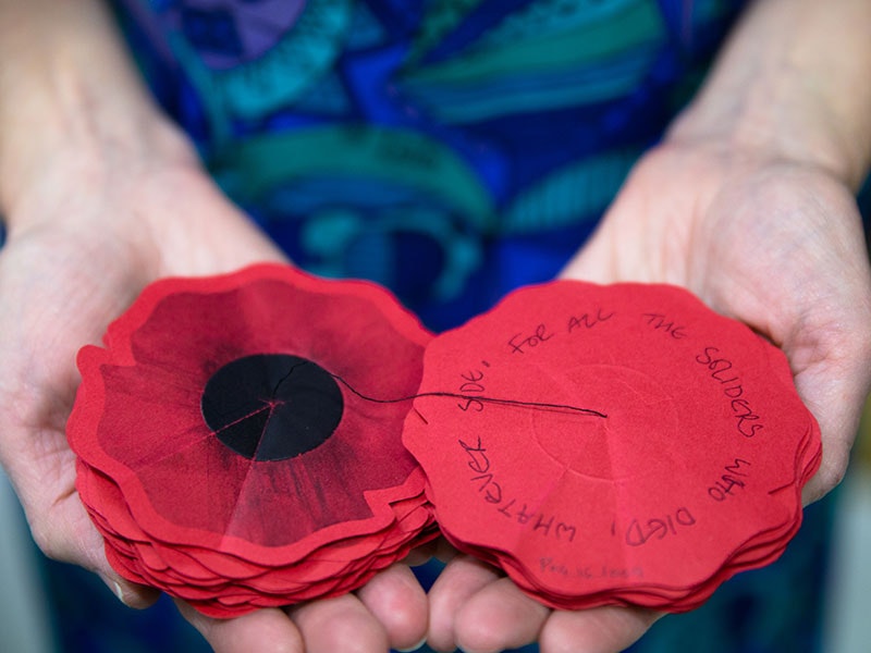 A poppy left by a visitor to Gallipoli: The scale of our war which reads: “For all the soldiers who died, whatever side.” Photo by Jack Fisher. Te Papa