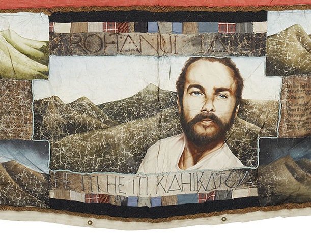 New Zealand AIDS Memorial Quilt (detail), multiple makers/artists, 1988-1991, New Zealand. Te Papa (GH017448) Panel of a quilt showing a portrait of a man and various scenes of mountains. It reads Arohanui Ian, He iti he iti kahikatoa