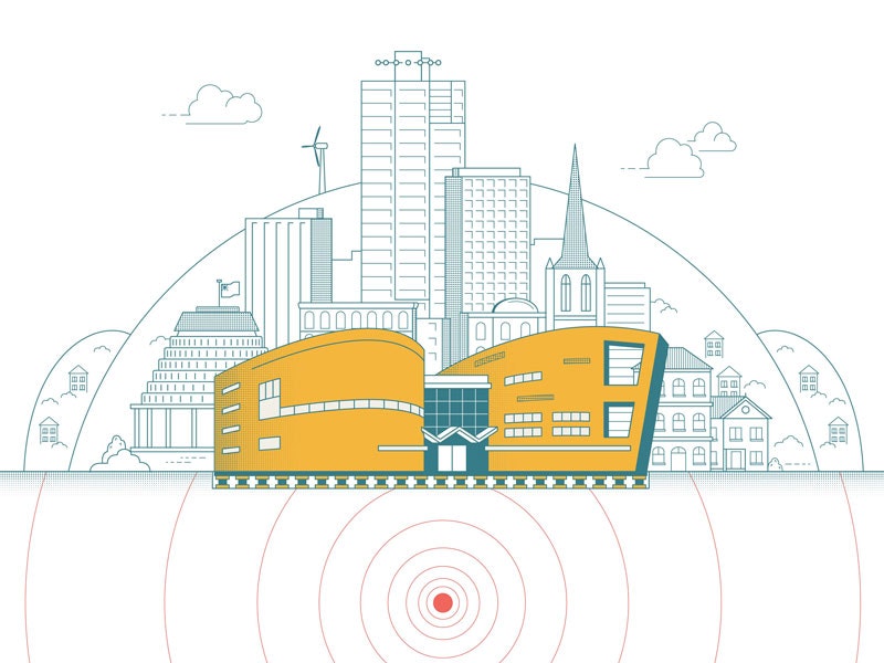 Illustration from the Building an Earthquake Ready Future resource, 2019. Te Papa Illustration of Te Papa with a number of other buildings in the background