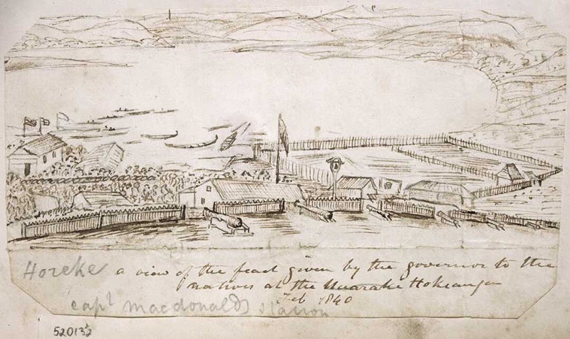 Illustration of festivities at McDonnell’s house. The front garden with six cannon, fences, buildings, a large crowd, 3 flags on flagpoles, many canoes drawn up at the water's edge, the Hokianga River and the hills beyond.