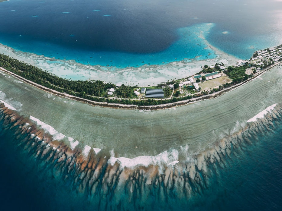 Andrew Matautia, Aerial shot of Nukunonu, 2017, digital file. Te Papa (O.047920) Ariel view of a ring-shaped island