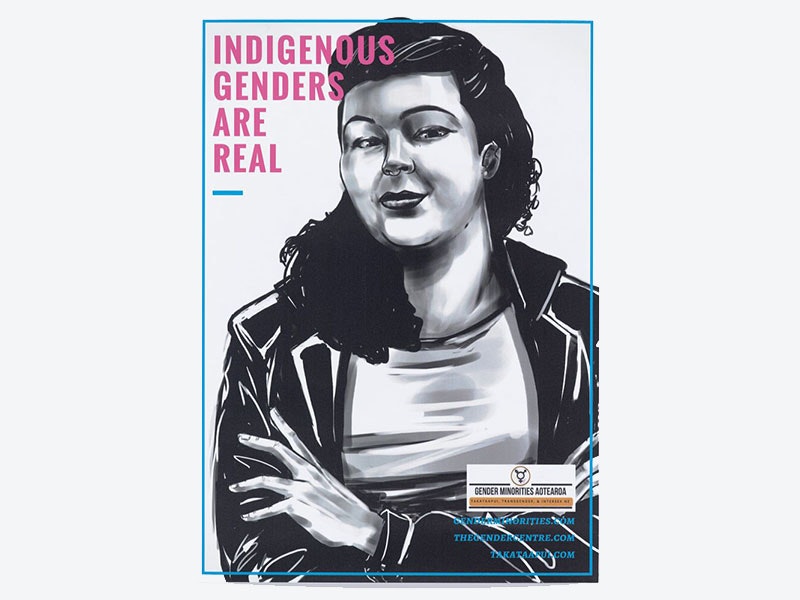 Indigenous Genders Are Real poster, 2018, Ariki Arts (artist), Ahi Wi-Hongi (designer), Gender Minorities Aotearoa (publisher). Te Papa (GH025387) This poster features a powerful and positive image of a trans person smiling at the viewer with the message ‘Indigenous Genders Are Real’