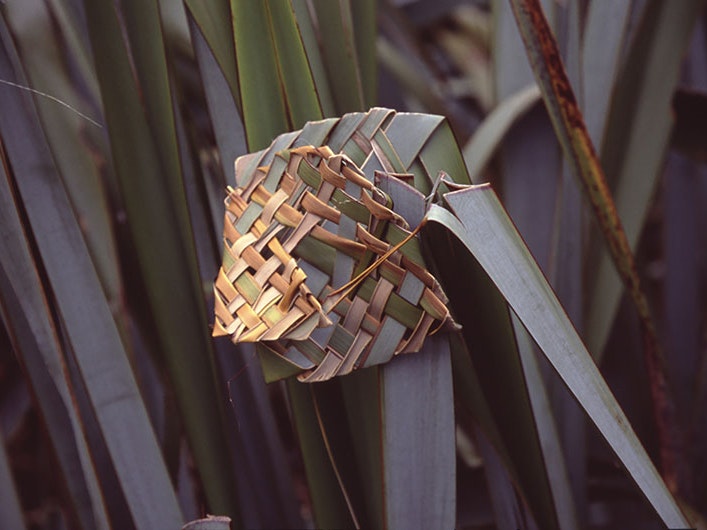 Flax Weaving, Truman Track, Punakaiki Pancake Rocks, Paparoa National Park, South Island, New Zealand, 2003, 13 May 2003, by Terry Feuerborn, via Flickr. CC BY-NC 2.0 Photo showing flax still attached to plant, weaved into what appears to be a fish design