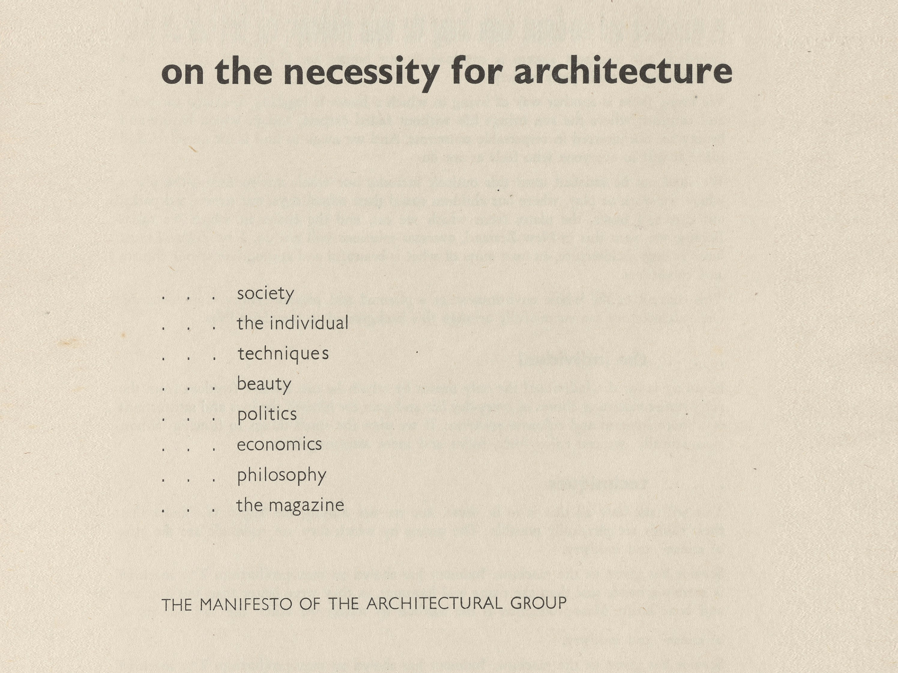 On The Necessity For Architecture Manifesto Facsimile. Courtesy of Special Collections, Libraries and Learning Services, University of Auckland Scan of text on sepia-coloured paper