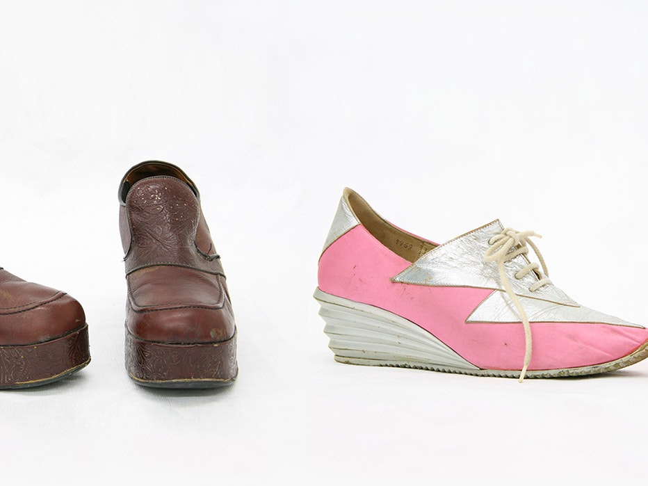 (Left) Men's shoes, 1960s, maker unknown. Gift of Mrs D F Miles, 1982. CC BY-NC-ND 4.0. Te Papa (PC002447), (right) Woman's shoes, about 1970, by Charles Jourdan. Acquisition history unknown. CC BY-NC-ND 4.0. Te Papa (PC004319) Two pairs of shoes from the 1970s, one brown pair and one pink and white pair