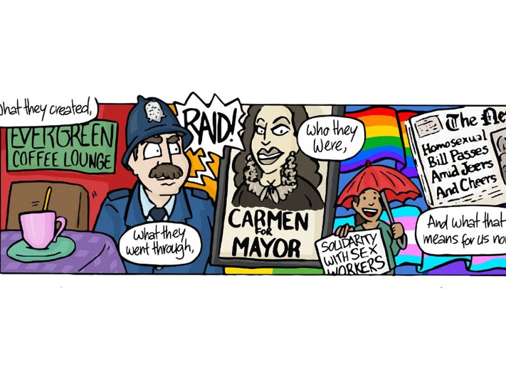 Poutokomanawa comic, 2019, New Zealand, by Sam Orchard. Te Papa (GH025593) A single panel from a comic featuring a montage containing a policeman, a poster of Carmen Rupe, a rainbow flag and a newspaper